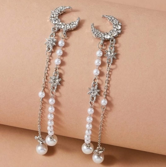Rhinestone Pearl Moon Earrings - Picture 1 of 4